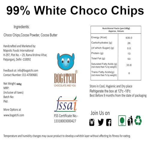 Image of BOGATCHI 99% Dark Chocolate| White CHOCOCHIPS| Real Cocoa Intense Dark Chocolate, 60 gm