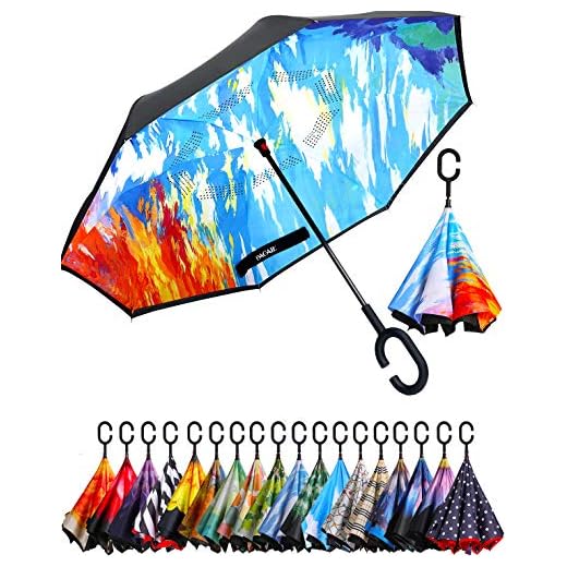 BAGAIL Double Layer Inverted Umbrella Reverse Folding Umbrellas Windproof UV Protection Big Straight Umbrella for Car Rain Outdoor with C-Shaped Handle (Fantasy)