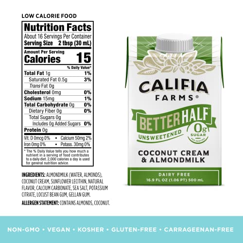 Califia Farms - Unsweetened Better Half, Half And Half Substitute, 16.9 Oz (Pack Of 6), Almond Milk, Coconut Cream, Coffee Creamer, Keto, Shelf Stable, Dairy Free, Plant Based, Vegan #TOP5