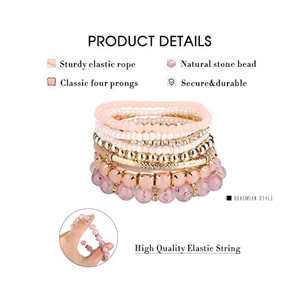 SAILIMUE 4 Sets Bohemian Stackable Bead Bracelets for Women Multicolor Stretch Beaded Bracelets Layered , Adjustable Bracelet Pink Black Turquoise Stretch Bracelets