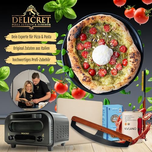 DELICRET \Black Line\- Pizza Wiegemesser | Pizzaschneider mit Akazienholtgriff & scharfer Edelstahlklinge