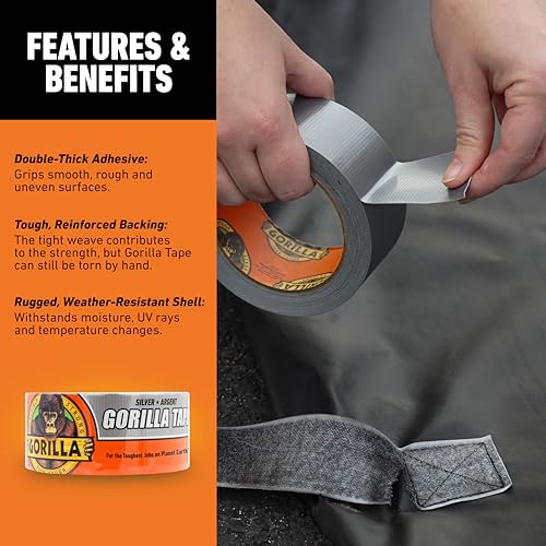 Image of Gorilla Tape,1.88 in x 10 yd,Silver - Duct,Utility,Triple Layer Strength,Indoor & Outdoor,Weather Resistant Shell,(Pack of 6)