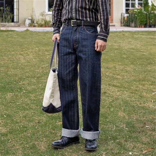 Men’S Casual Loose Fit Selvedge Denim Full Length Jeans Button Fly Midweight Striped Vintage Cinch Back4
