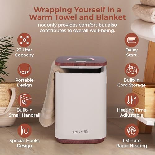 SereneLife Towel Warmer Bucket - Compact 23L Bathroom Towel Heater w/Essential Oils Disc Holder, Adjustable Timer, Auto Shut-Off, Power Cord Storage, LED Display, Fits 2 Oversized Towels (Wood Color) by SereneLife - Image 6