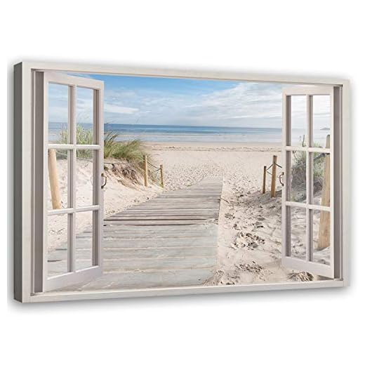 Feeby Cuadro en Lienzo 3D Ventana Playa XXL 120x80 cm 1 Pieza Modernos Impresión Artística Calidad fotografica Imagen Decoración De Pared Salon Dormitorio Oficina Pasillo Beige