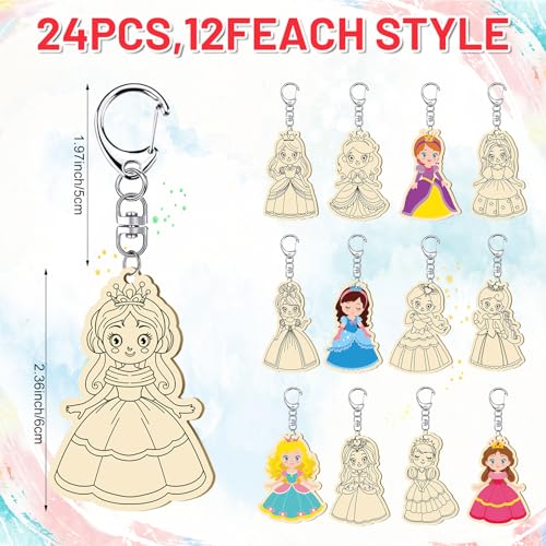 RattanView 24 Pcs Princess Craft Color Your Own Keychains DIY Craft Wooden Blank Keychains for Sunday School Classroom Home Active Party Favors Gifts, 12 Styles by RattanView - Image 2