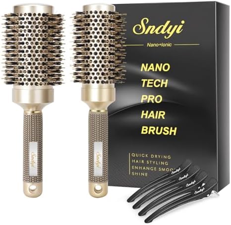 Sndyi Nano Thermal Ceramic & Ionic Tech Round Hair Brush with Boar Bristles, Professional Barrel Brush for Styling, Curling and Straightening, 2 Pack