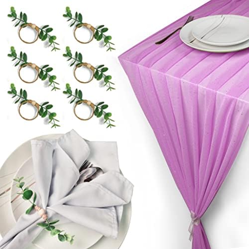 RucaDeco, Combo Eucalyptus Napkin Rings Set of 6 and 10ft Glitter Table Runner, 29x120 Inches Table Runner, Handmade Boho Napkin Rings for Wedding Birthday Party Decor Table Decoration (Pink)