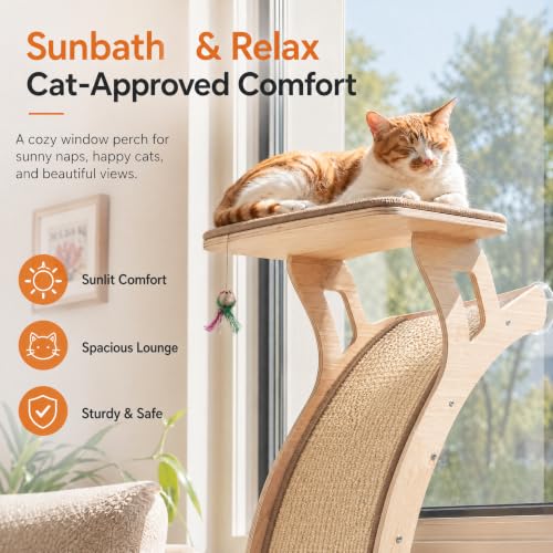 Image of Cat Window Perch with Scratcher Ramp, 48 inch Climbing Tree Suctions Cups to Window Maximum Hold Up to 45lb, Wood Kitty Bed for Small Window (Drilling-Free)