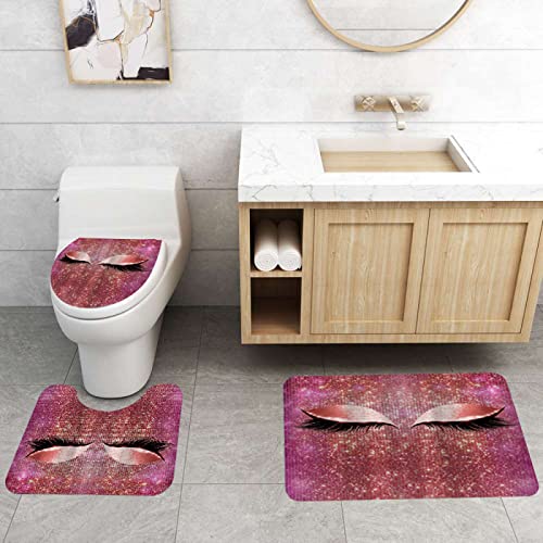 3-teilig Badematten Set, 3D Digitaldruck Abstraktes Auge Badteppich Sets rutschfest Badvorleger Rosa Waschbar U-Förmiger…
