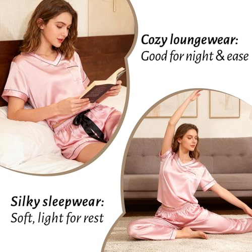 Image of 3 Piece Silk Satin Pajamas Set for Women Soft Short Sleeve Christmas Pjs Silky V Neck Sleepwear with Top Shorts and Pants,Pink,M