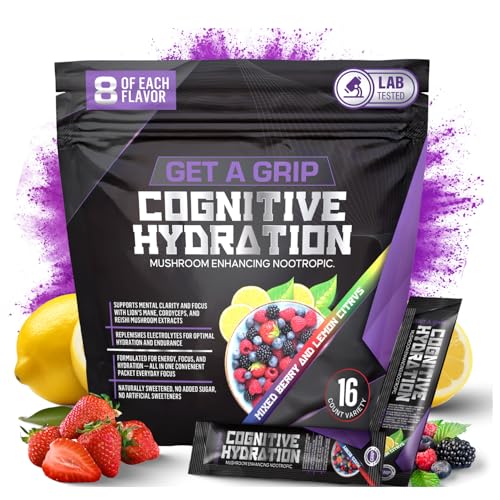 Get A Grip Electrolyte Powder Packets – Hydration & Mental Focus Support with Lion’s Mane & Cordyceps – Sugar-Free, Keto Electrolyte Drink Mix – 16 Count