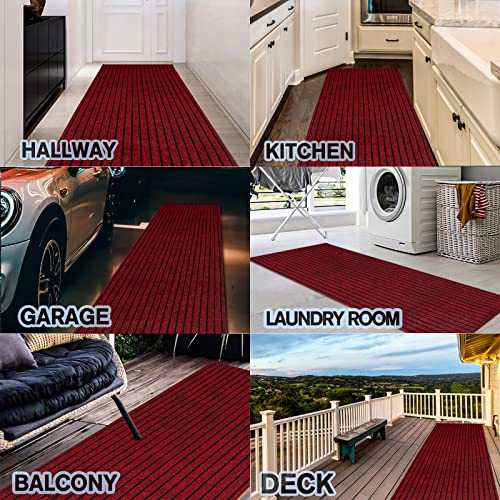Custom Size Backed Non-Slip Area Rugs Runner, Easy Clean, Waterproof Runner Rugs For Hallway Entryway, Kitchen, Laundry, 2Ft X 6Ft, Red Stripe #TOP5