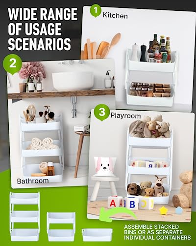 Skywin 3-Tier Plastic Stackable Storage Bins, White-Colored, 11.42 X 10.83 X 7.76 Inches, With Brackets For Extra Protection - For Pantry Storage, Kitchen Storage, And Bathroom Storage #TOP5