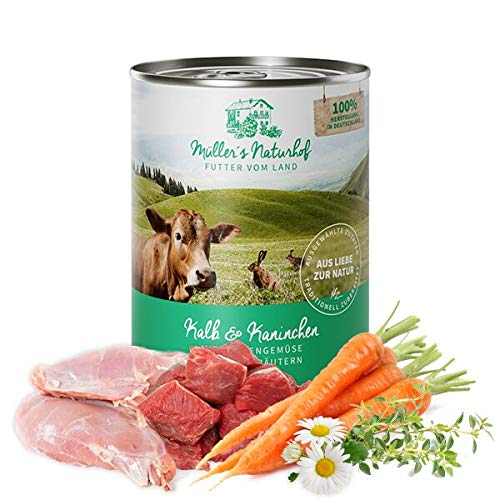 Müllers Naturhof - Kalb und Kaninchen - 6 x 800 g - Nassfutter für alle Hunderassen - getreidefrei und glutenfrei - mit Gartengemüse und Wiesenkräutern - naturnahe Rezeptur mit 65% Fleisch