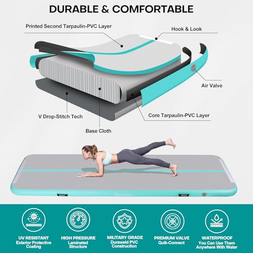 Panana Inflatable Gymnastics Air Tumbling Track Mat 10ft Tumble Mats 4 Inch Thickness Air Roller Gymnastics Barrel Back Handspring Trainer/Yoga/Training/Cheerleading/Water Beach Park, Light Green - Image 3