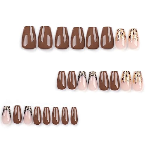 Miniatura 2 de BAOYAALIN Uñas postizas a presión de ataúd marrón, uñas postizas cortas con diseño de purpurina, uñas de gel con pegamento para mujeres y niñas,