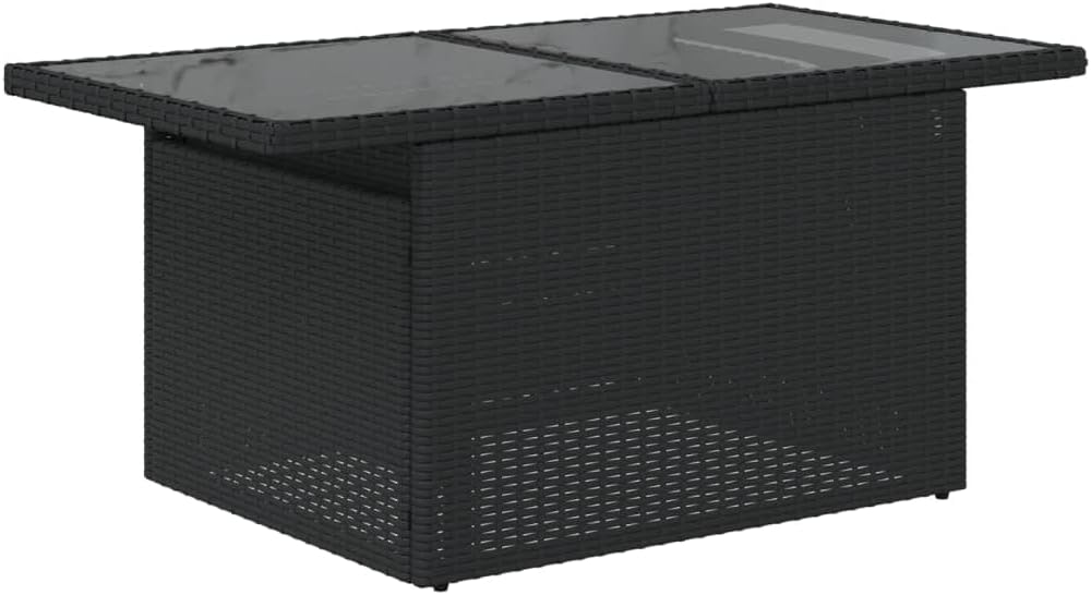 Black Garden Coffee Table with Tempered Glass Top, Adjustable Height Outdoor Table in Poly Rattan and Powder-Coated Steel, Rectangular Patio Furniture for Patio or Garden Use