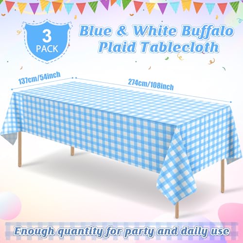 Image of 3Pack Light Blue and White Plastic Checkered Tablecloth, Premium Decorative Disposable Light Blue Gingham Plaid Tablecloth for Party, Rectangle Party Table Cover for Picnic Farm Birthday, 54x108 Inch
