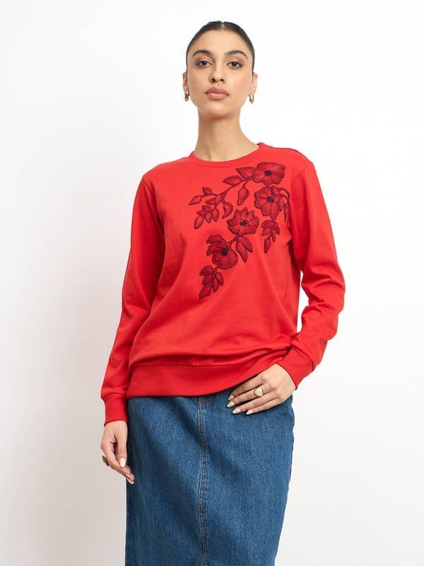 Astrid Red Embroidered Sweatshirt - Wool, Full Sleeves, Pull-On Closure, Machine Washable, Elegant Red Design - Image 3