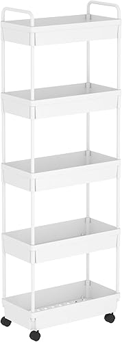 Buzowruil Carrito de almacenamiento rodante de 5 niveles, organizador de estantería móvil, carrito utilitario con ruedas para cocina, baño,