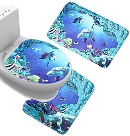 Blue Sea Theme Dolphin Shark Bathroom Mat Set 3 Pc Bathroom Carpet Pedestal Lid Mat Toilet Cover Set