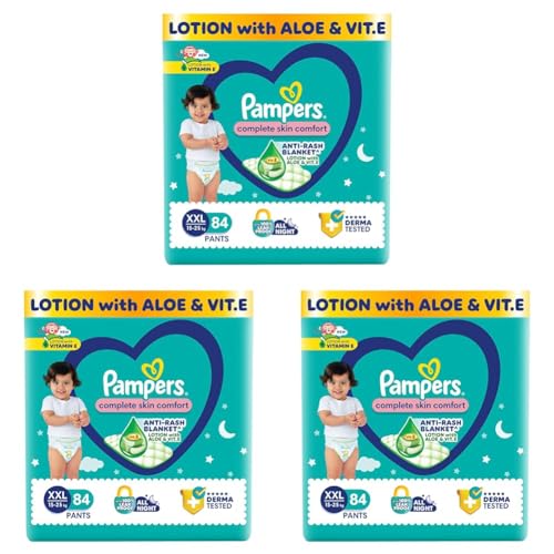 Image of Pampers Complete Skin Comfort Pants, Anti-rash blanket, Lotion with Vitamin E & Aloe Vera, Ddouble Extra Large size baby Diapers, (XXL) 84 Count, 15-25 kg (Pack of 3)