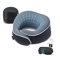 Proglobe Travel Pillow, Memory Foam Neck Pillow Set, Orthopedic Pillow, Travel Essentials for Flying, Kit with 3D Contoured Sleep Mask, Earplugs and Luxury Mesh Bag (Blue)