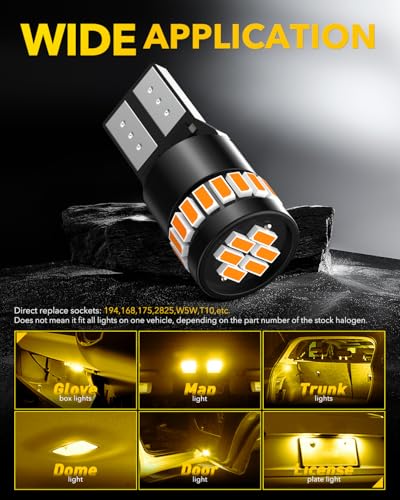Image of AUXITO 194 LED Bulb Amber Yellow Canbus Error Free, 168 175 2825 W5W T10 LED Replacement Light Kit for Car Interior Map Dome Trunk Exterior Marker License Plate Parking Lights, Pack of 2