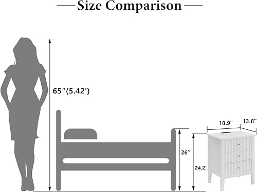 Miniatura 13 de OCANDO Mesita de noche negra acanalada de 19 pulgadas, 3 cajones, mesa auxiliar de cama para sala de estar pequeña, armario de almacenamiento Negro