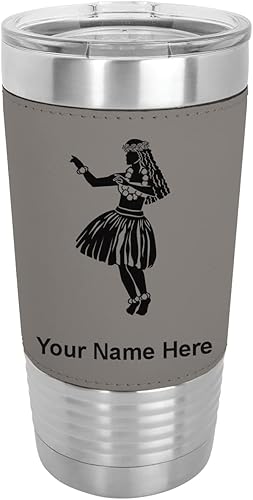LaserGram Hula Dancer Woman - Vaso aislado al vacío de 20 onzas grabado personalizado incluido piel sintética gris