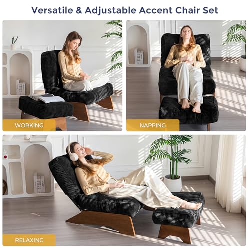 Image of MAXYOYO Accent Chair with Ottoman, Lounge Chair with Adjustable Backrest | Tufted Living Room Chair Upholstered Lounge Chair with Footrest Set, Modern Chair for Reading Room, Black