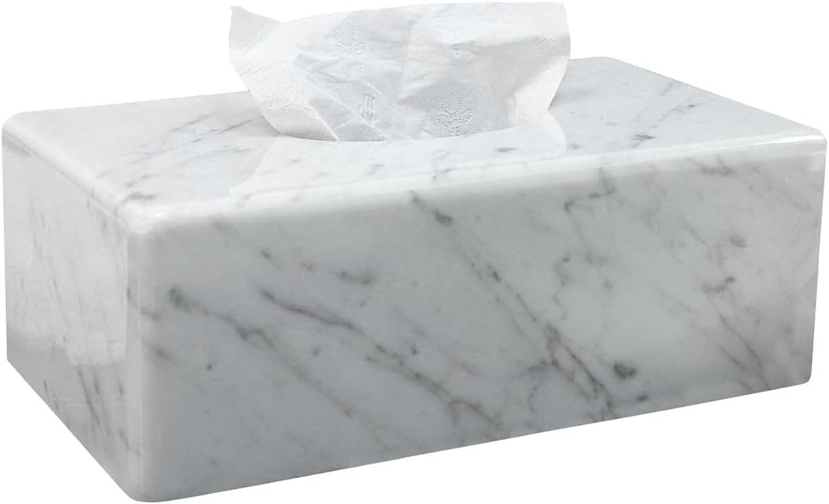 Natural Marble Tissue Box Cover, Carrara White Tissue Organizer 10 Inch, Heavy Stone Decorative Box, Rectangle Tissue Box Holder for Home Decor, Kitchen, Bathroom, Bedroom