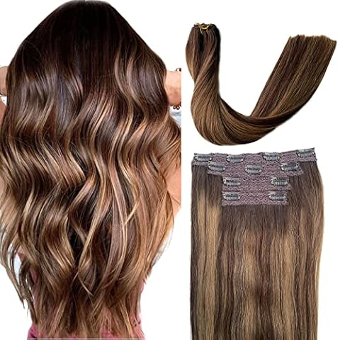 Hair Extensions 4Pcs 100g Clip in Hair Extensions Real Human Hair Omber Balayage Straight Seamless Lace Clip in Hair Extensions Remy Human Hair Extensions Clip ins for Women 16 Inch #6T27/6 Cover