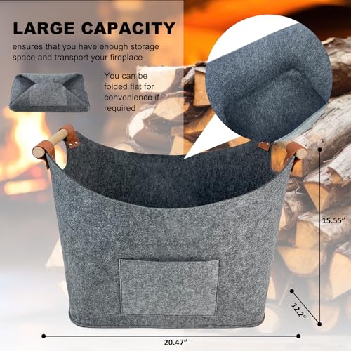 Hugeleaf Firewood Carrier with Handles, Felt Extra Thick Firewood bag carrier with Pocket, Large Capacity Log carrier for firewood Indoor for Storage Toy, Book, Clothes (Medium Gray)