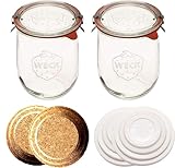 WECK - Sour Dough Starter Jars - Classic Glass Jars for Sourdough with Glass Lid - Tulip Jar with Wide Mouth 1 Liter Includes Cork Lid & Keep Fresh Cover (2 Pack)