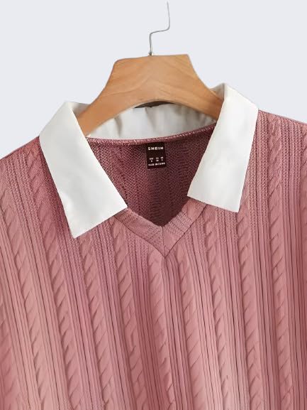 Image of Regular Fit Collared Knit Top for Women, Long Sleeve Casual T-Shirt, Black and White, Rib-Knit Material, Korean Trendy Style
