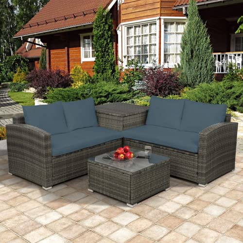 Topmax 4 Pcs Outdoor Cushioned Pe Rattan Wicker Sectional Sofa Set Garden Patio Furniture Set (Gray Cushion) #TOP5