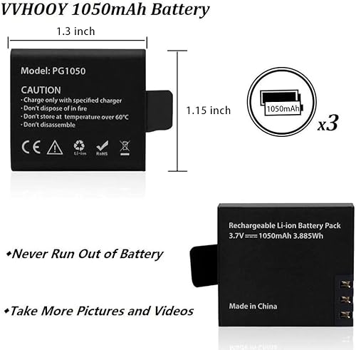 Miniatura 4 de 3 x 1050 mAh Rechargeable cámara de acción con USB Dual Cargador de batería para cámara de acción 4 K akaso ek7000/Campark/Eken/Apeman/fitfort/Tec.