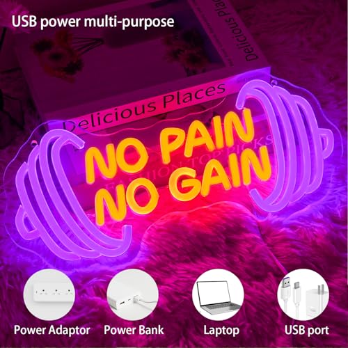 Image of No Pain No Gain Neon Sign Dumbbell Neon Light for Wall Decor,Gym LED Sign Wall Art,Dimmable LED Sport Light Sign for Gym,Fitness,Sports Club,Office