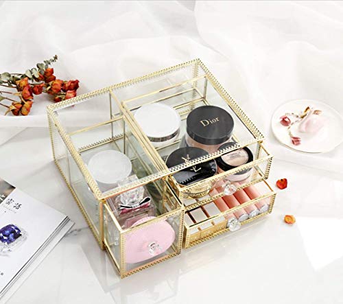 Moochi Golden Vintage Glass Cosmetic Makeup Organizer 3 Drawers Set Dust Waterproof Cosmetics Storage Display Case Countertop For Brushes Lipsticks Jewelry #TOP4