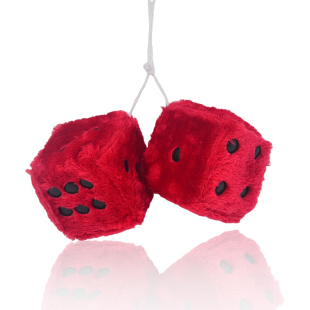 Mioyoow Red Fuzzy Plush Dice, Universal Fashionable Car Square Decoration Easy To Install Dice Car Hanging Furry Dice With Dots For Car Rearview Mirror