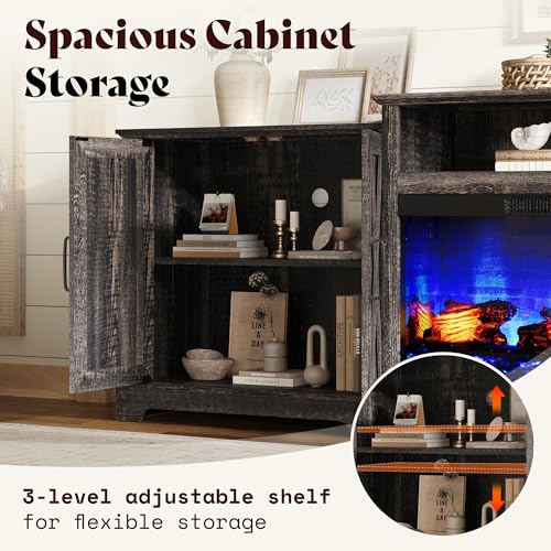 Image of AMERLIFE 97 inch Large Fireplace TV Stand for TVs up to 110 inch, Farmhouse Entertainment Center with 33 inch Electric Fireplace, Media Console with Storage Cabinets & Adjustable Shelf, Rustic Black