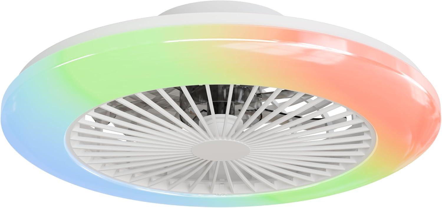 LED Deckenleuchte mit Ventilator 48,5cm, Deckenventilator mit Beleuchtung RGB Dimmbar 3000-6500K, 40W Ultrahell 4200LM, Flach 13.7cm für Niedrige Decken, Leiser DC Motor, Timer, Speicherfunktion, Weiß