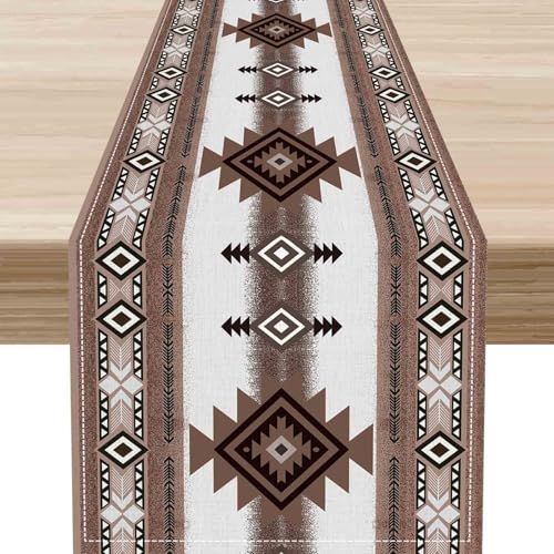 Drapeloft - Aztec Table Runner,Western Southwestern Native Tribal American Ethnic Aztec Rustic Farmhouse Brown Table Decor for Kitchen Dining Room Coffee Table,13 x 72 Inches