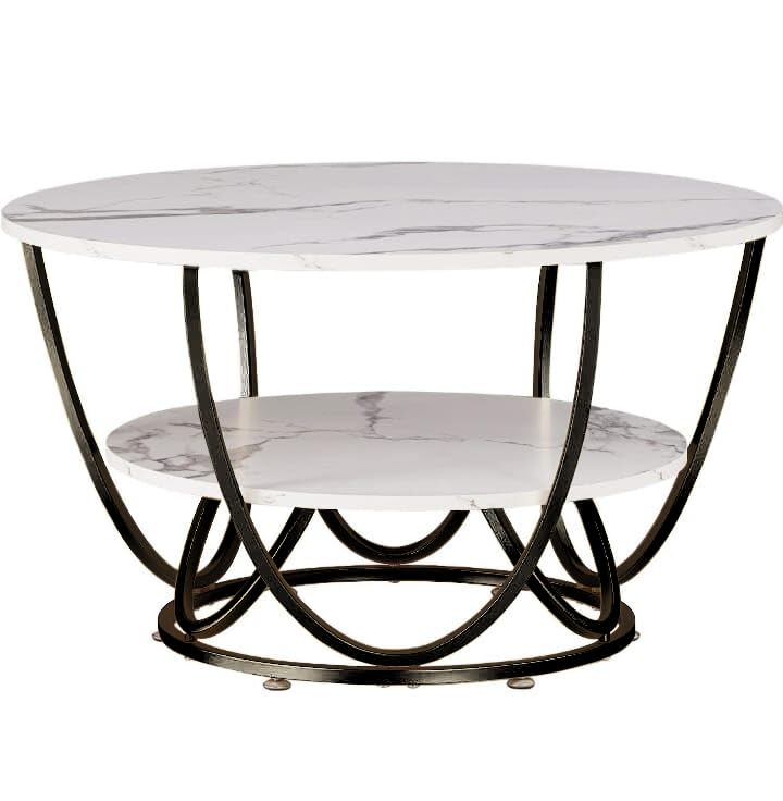 Image of Round Coffee Table Modern Sofa Side End Table for Living Room Center Table with 2 Shelf Storage Wooden Marble Print Tabletop Black White