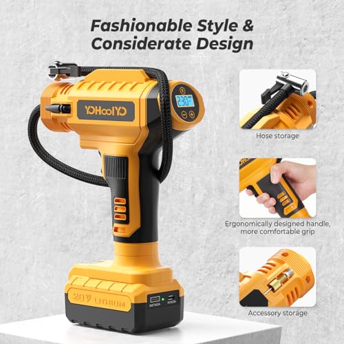 YOHOOLYO Smart Digital Tyre Inflator with Auto Shut-Off, 150PSI Rapid Inflation, Portable Air Compressor with Cordless Lithium & 12V DC Dual Power for Cars, Motorcycles, Bicycles, and Balls - Image 3