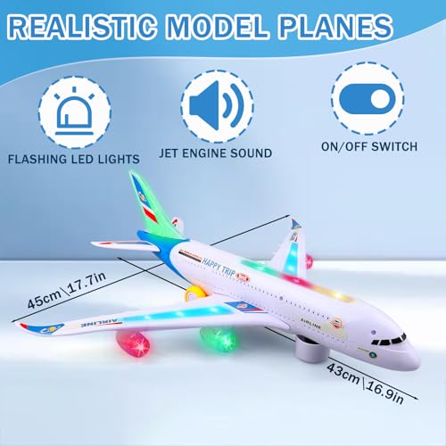 VYKOBLO Airplane Toy with Bump and Go, Kids Airplane Toys Flashing Lights and Sound, Realistic Model Plane for Boys and Girls Ages 3-12, Birthday Gifts (Blue)