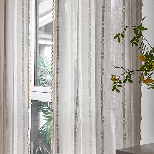 Nakedcloud Boho Curtains For Bedroom Living Room 84 Inch Country Farmhouse Cotton Linen Window Curtain Panels Embroidery Striped Bohemian Tassel Draperies(55 * 84Inch,White) #TOP4