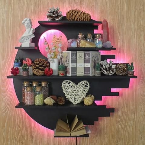 FNYDOX Wooden Moon Shelf with RGB Lights, Crystal Shelf Display for Wall Rock Gem Stone Shelf Witchy Trinkets Holder Boho Wall Decor Floating Shelves for Nail Polish & Essential Oil Cover